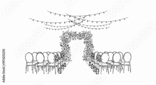 A sketch of a floral wedding arch with chairs and string lights