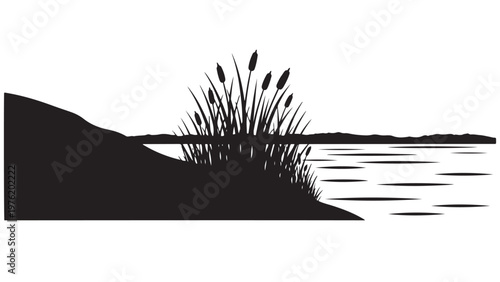 Serene Black and White Silhouette of Cattails and Reeds by a Tranquil Lake with Distant Mountains on the Horizon, Minimalist Nature Landscape Vector Illustration.