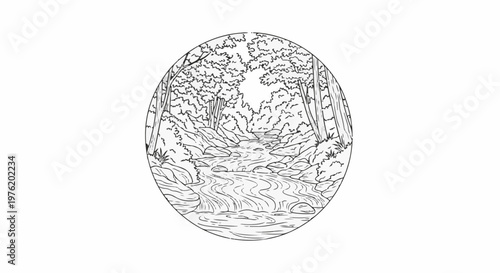 A sketch of a forest stream flowing through rocky terrain under trees