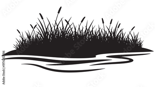 Black and White Vector Silhouette Illustration of Tall Marsh Grass and Cattails Growing Along the Tranquil Edge of a Wetland Pond or River, Depicting Serene Natural Habitat.