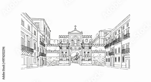 A sketch of a grand stone archway framed by ornate buildings with balconies