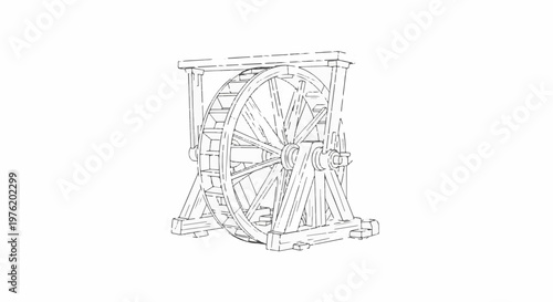 A sketch of a large, wooden, spoked wheel with buckets, mounted on a timber frame