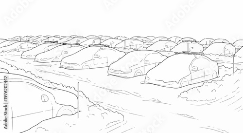 A sketch of cars parked in a lot, some with roof racks, on a bright day