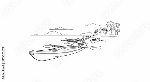 A sketch of several kayaks with paddles floating on calm water near an island with palm trees