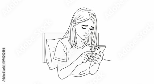 A young person looks sadly at their phone while sitting in bed