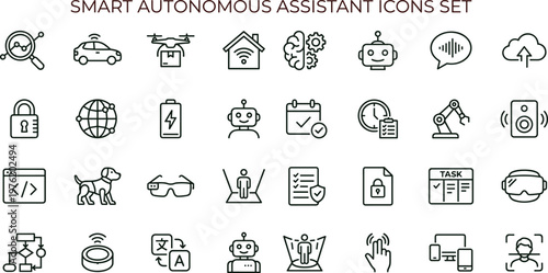 Smart autonomous assistant artificial intelligence outline icon set for automation dashboards applications interfaces productivity robotics and connected digital technology systems