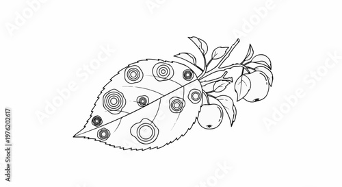 A sketched leaf with concentric circles and ripening fruit on a branch