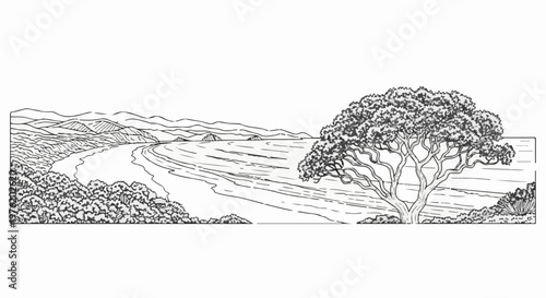 A sketched panoramic view of a coastal landscape with rolling hills and a large tree