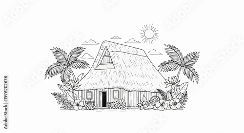 A sketched tropical hut with palm trees, flowers, and a sunny sky