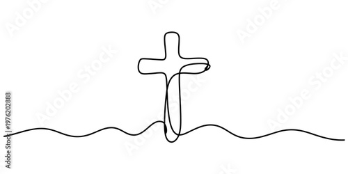 Continuous one line drawing of a christian cross symbol on a white background. Vector, illustration