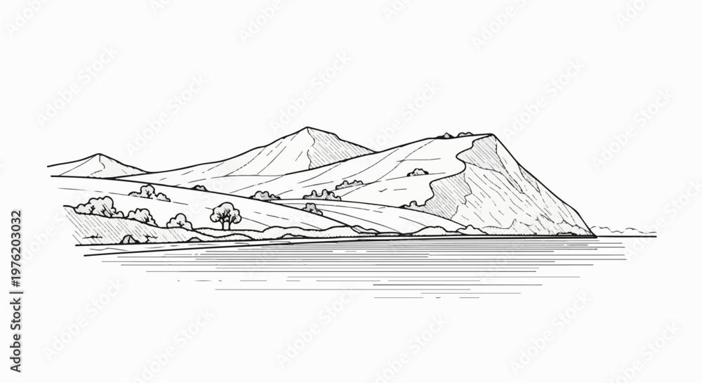 Naklejka premium A stark, stylized line drawing depicts rolling hills, a prominent cliff face, and a calm body of water