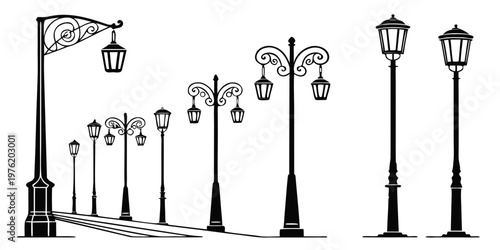 Collection of vintage and modern street lamps silhouettes with street lamp street furniture black and white lamppost lighting silhouette decoration building
