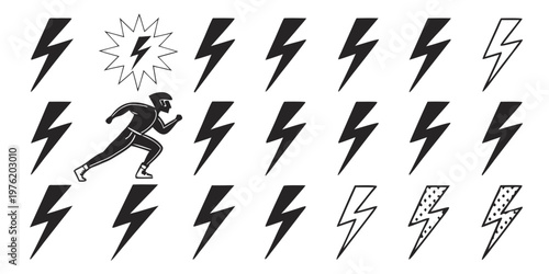 Lightning bolt icons and runner silhouette with white background silhouette collection performance illustration abstract electrical outlines isolated