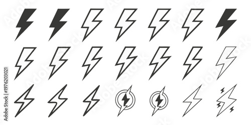 Assortment of lightning bolt icons and graphics with white background electricity collection abstract illustration creative symbolism isolated template