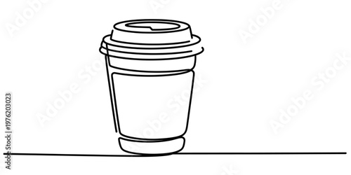 Continuous line drawing of a disposable coffee cup with a lid on a flat surface. Vector, illustration
