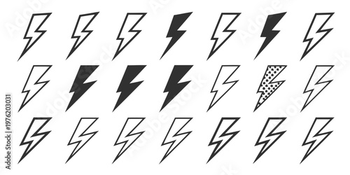 Diverse lightning bolt icons and patterned designs with white background collection illustration abstract electricity isolated template resource movement