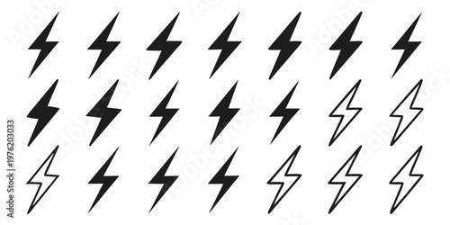 Multiple lightning bolt icons and symbols arranged in rows with icon graphic vector art graphic element design asset lightning electricity symbol design