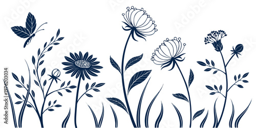 Illustrative meadow flowers and a butterfly with line art butterfly botanical illustration silhouette decoration wildflowers ornament delicate graceful