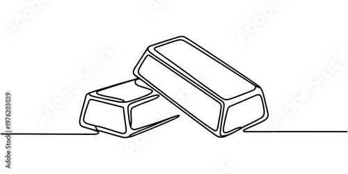 Continuous line drawing of two gold bars stacked on top of each other on a white background. Vector, illustration