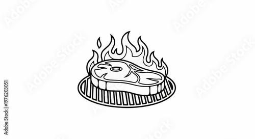 A steak cooks over flames on a grill, depicted in a simple outline style