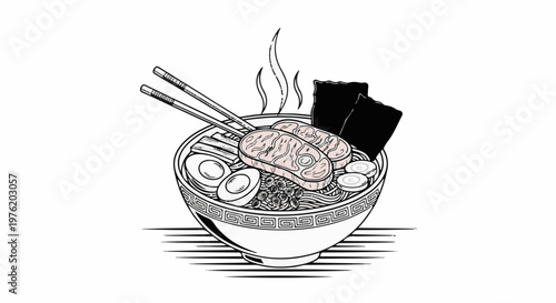 A steaming bowl of ramen with noodles, meat, eggs, seaweed, and toppings