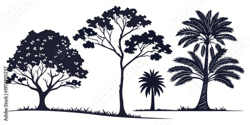 Group of stylized tree silhouettes: broad leaf tall palm with blue black white background line art tree types plant life silhouette botanical illustration