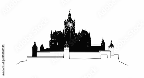 A striking black silhouette of a majestic castle on a white background