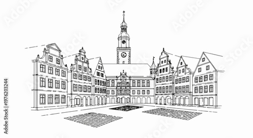 A striking black and white sketch of historic buildings surrounding a cobblestone square with a clock tower