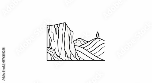 A striking cliff face overlooks rolling hills with a lone evergreen tree