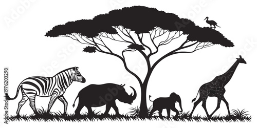 African savanna scene with wildlife silhouettes under an acacia tree white background outline graphic animal group exotic animals silhouette rhinoceros