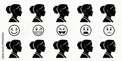 Silhouettes of a girl's profile with assorted emoji faces hair bun facial expression silhouette expression character collection laughing surprised emoticon