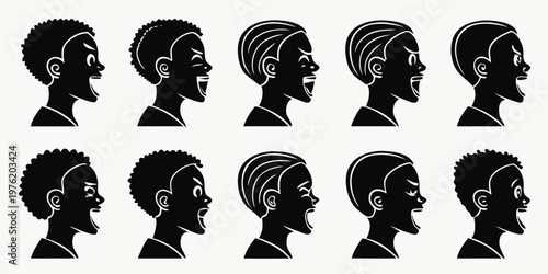 Silhouettes of young boys showing various expressive emotions with black and white silhouette expression shouting screaming aggression frustration childhood