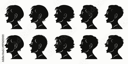 Silhouette profile views of young boys with open mouths expressing laughter and joy silhouette laughter expression excitement laughing childhood illustration