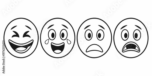 Four cartoon faces expressing laughter crying sadness shock with black and white facial expression laughter distressed illustration emoticon surprise