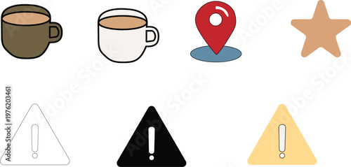 Collection of various icons including coffee cups, warning signs, and location marker