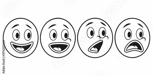 Row of four diverse emoji faces showing different emotions with black and white expression surprised illustration collection emoticon monochrome communicatio