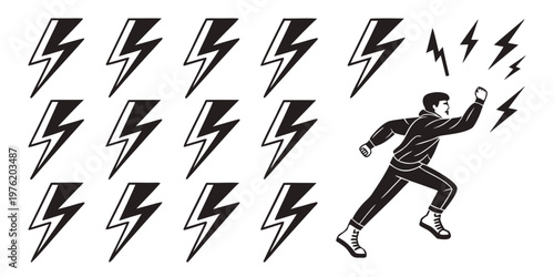 Man running towards lightning bolts power symbol collection lightning bolt black and white movement collection illustration abstract striking electricity