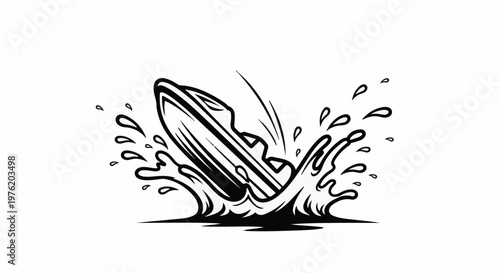 A stylized black and white drawing depicts a surfboard plunging into water