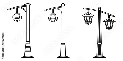 Stylized street lamp post outlines and lantern design variations with lamppost exterior lighting architecture furniture illustration collection variations