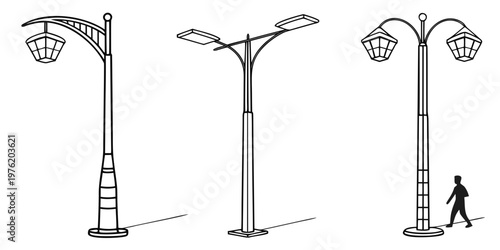 Modern and classic street lamp designs featuring pedestrian silhouette lamppost silhouette lightpole lighting illustration collection architecture furniture