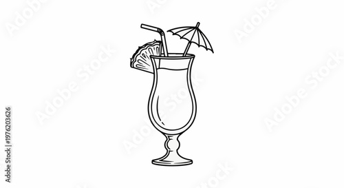 A stylized black and white drawing of a tropical cocktail