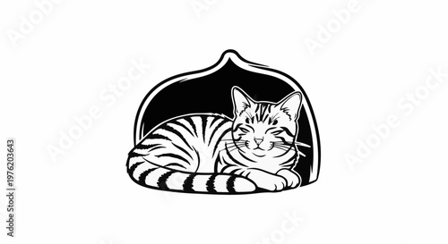 A stylized black and white drawing of a tabby cat resting