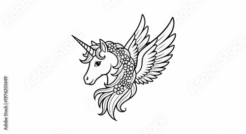 A stylized black and white drawing of a winged unicorn head with flowers
