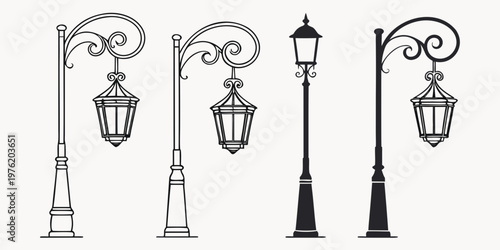 Ornate victorian style street lamp post silhouettes and detailed outlines with lamppost victorian scrollwork decorative silhouette historic traditional
