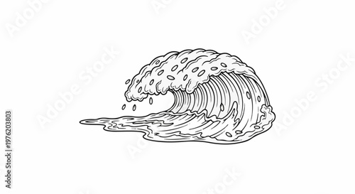 A stylized, black and white illustration of a large, curling ocean wave