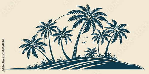 Tropical palm trees on island with flying birds graphic illustration tropical paradise vacation silhouette destination coastline isolated background
