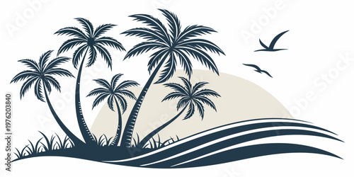 Tropical beach sunset or sunrise scene with palm trees ocean waves flying birds graphic tropical paradise vacation coastline silhouette destination