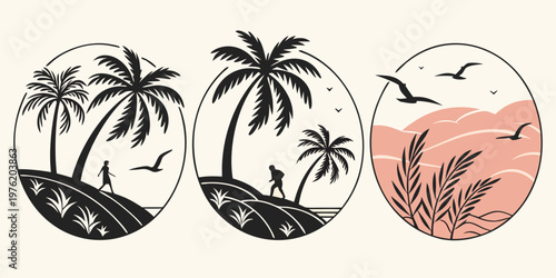 Set of tropical nature landscapes with people walking palm trees plants flying birds tropical landscape collection adventure silhouette vacation paradise