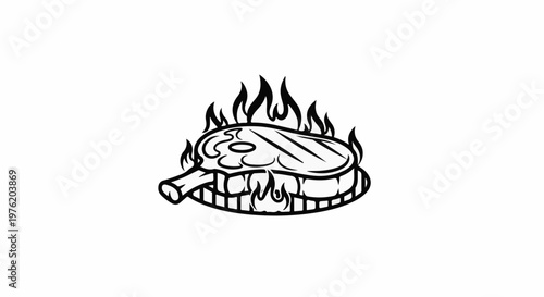 A stylized black and white illustration of a steak cooking on a grill with flames