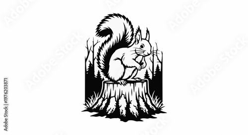 A stylized black and white illustration of a squirrel on a tree stump